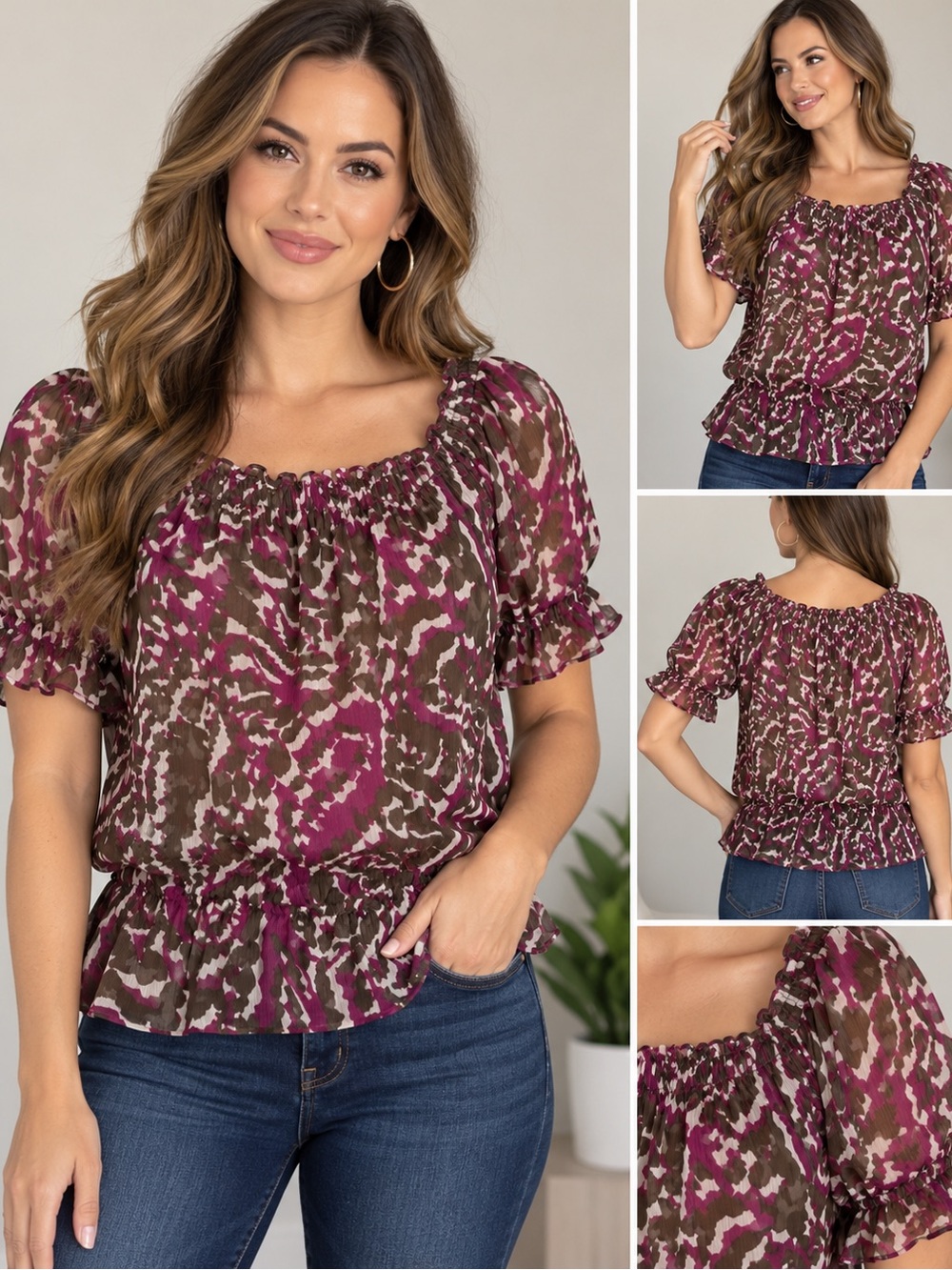 a.n.a.Women’s Smocked Waist Peasant Top in Magenta Brown, Abstract Floral , PL